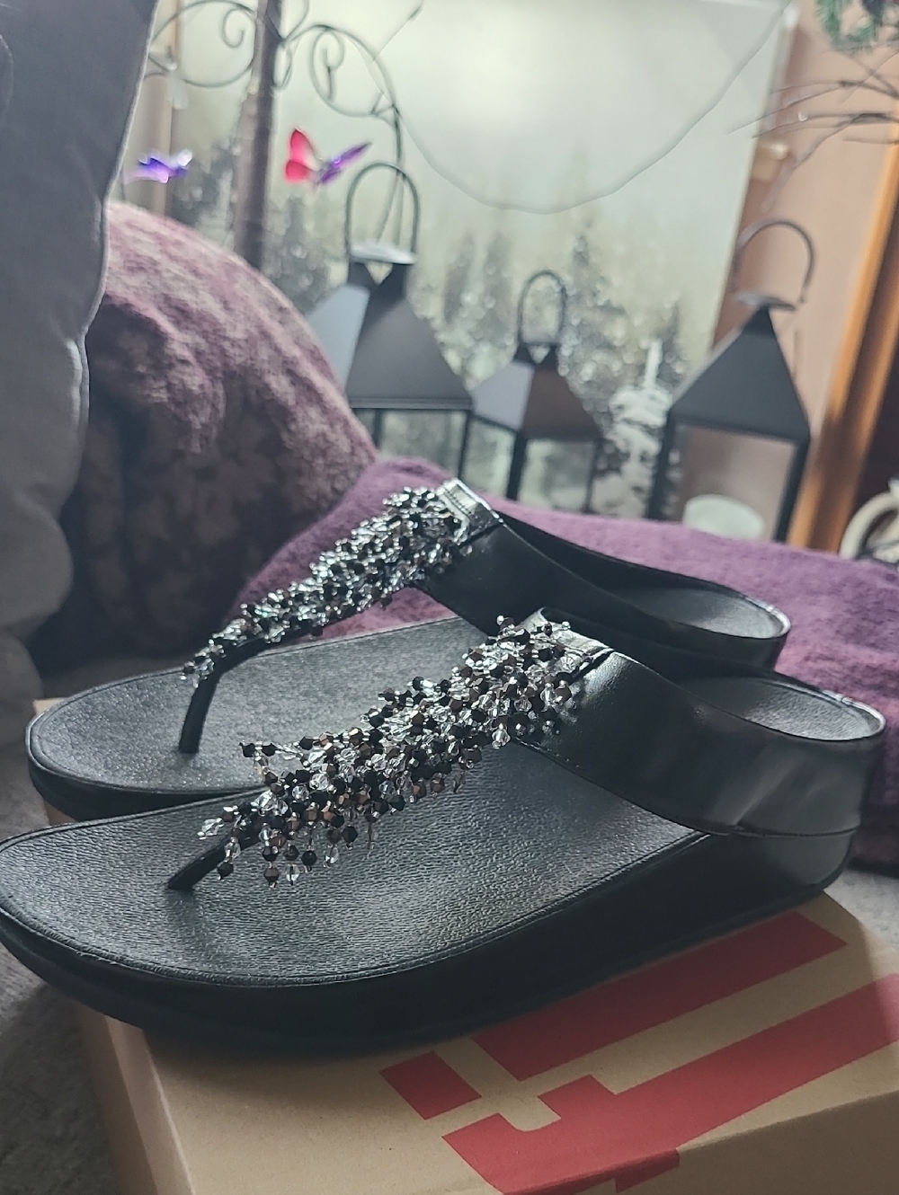 FITFLOP Black Beaded Thong Wedge Sandals - Women's Dress Flip Flops Size 9 - Picture 8 of 10